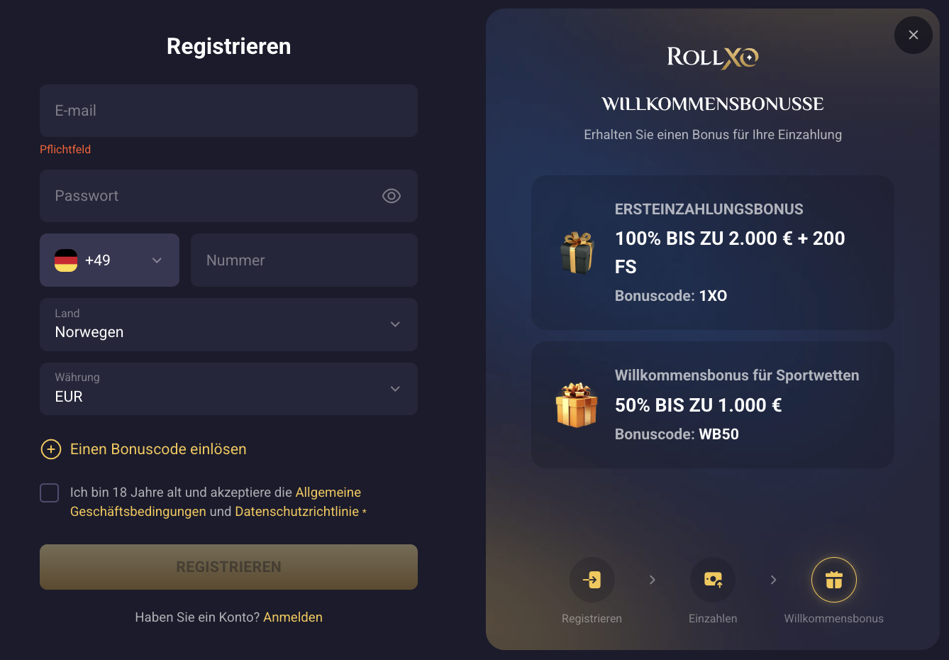 registration RollXO Casino
